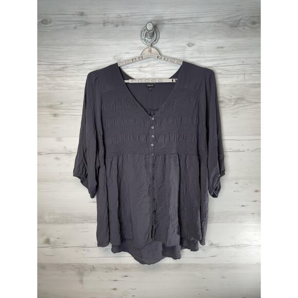 Torrid Shirt Womens 6X Gray Smocked Button Front Peasant Tunic 3/4 Sleeve Boho - Picture 1 of 11